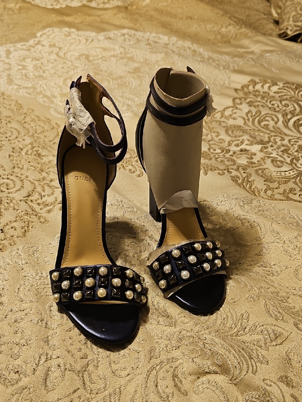 GUESS Black Pearl-Studded Ankle-Strap Heels